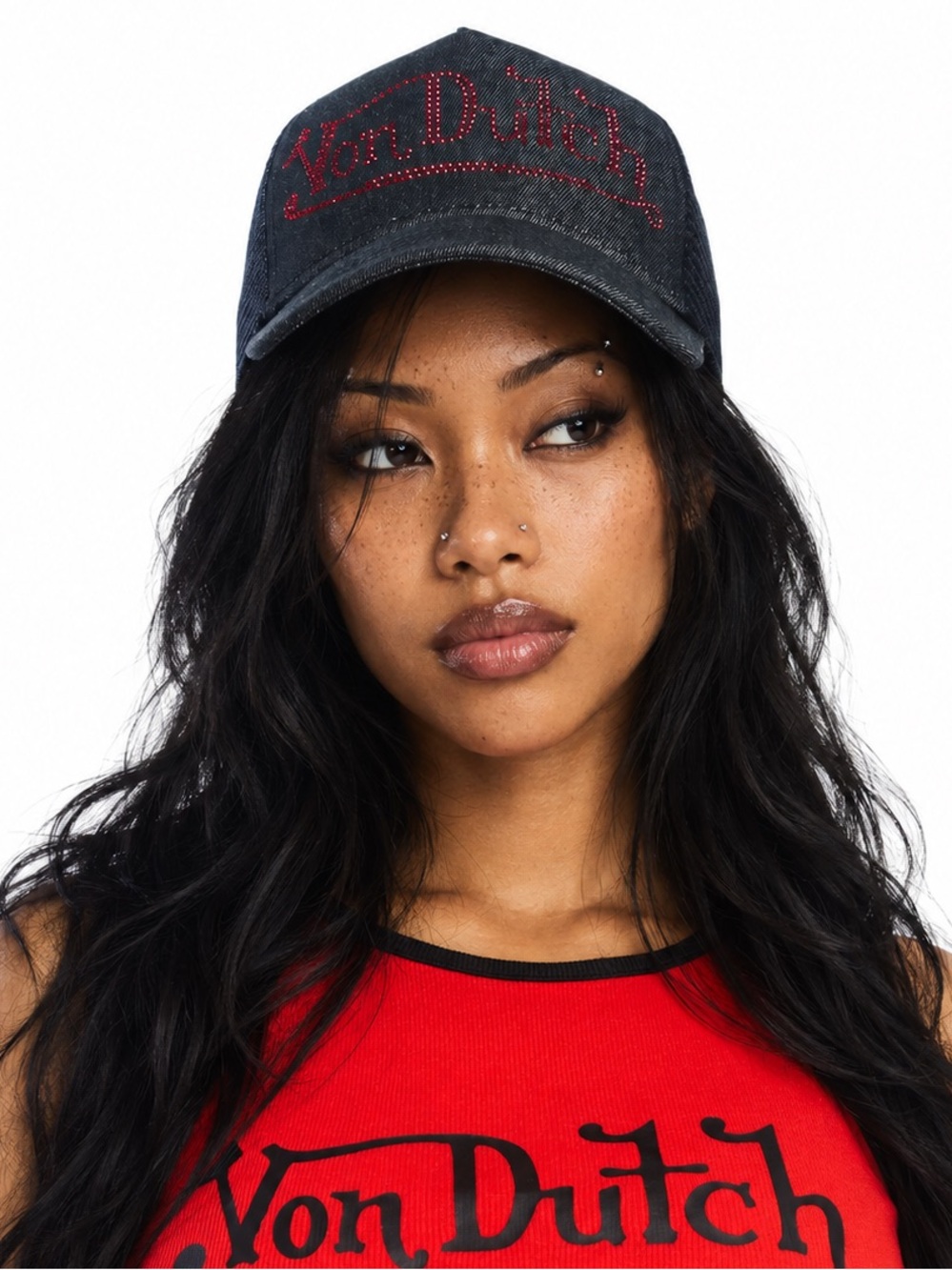 Von Dutch Black Red Rhinestone Trucker Hat NWT